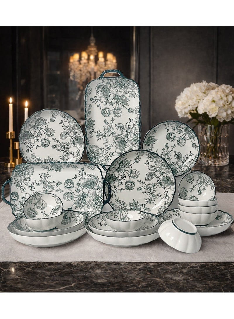 طقم عشاء من ١٨ قطعة، طقم هدايا، أدوات مائدة سيراميك كلاسيكية أنيقة، آمنة للاستخدام في غسالة الصحون والميكروويف، وردة خضراء - Image 1